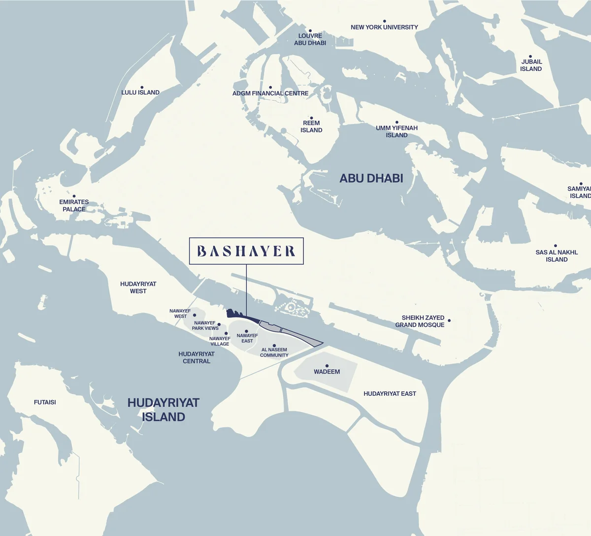 Location map: Bashayer on Hudayriyat Island, with Abu Dhabi, Saadiyat, Yas and the airport