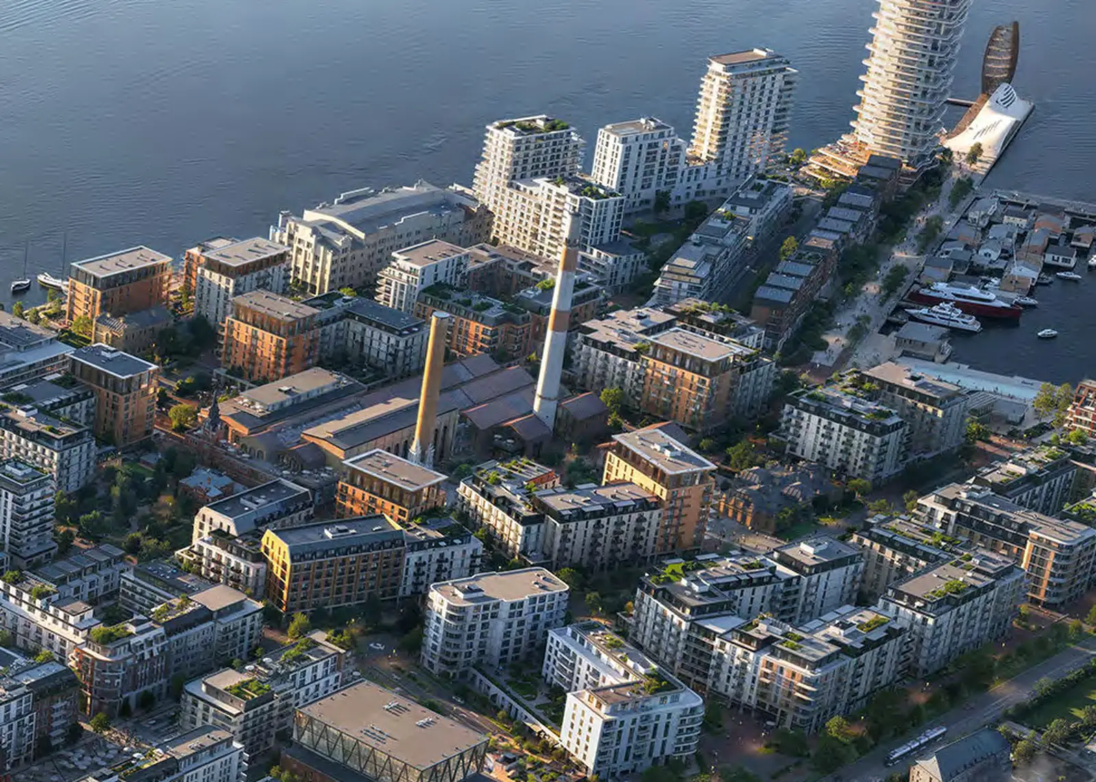 Aerial view of Riga Waterfront on the Daugava, with the city beyond