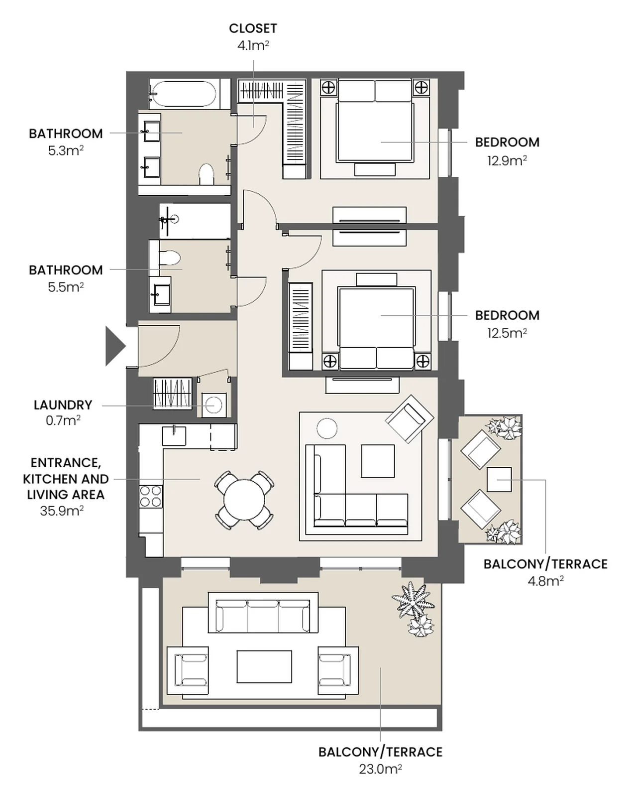 Riga Waterfront 2 bedrooms, 2 bedrooms, type 2.2D floor plan
