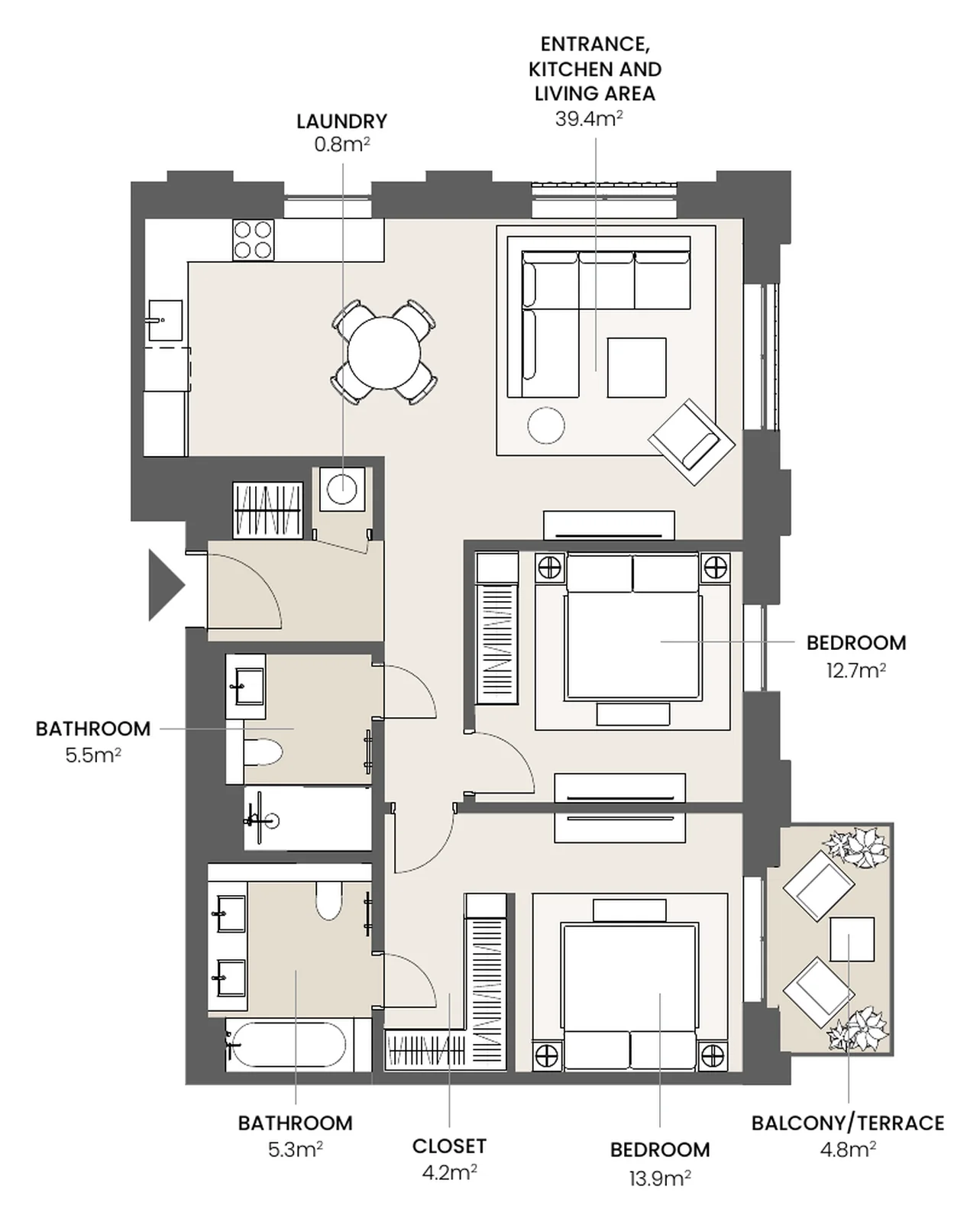 Riga Waterfront 2 bedrooms, 2 bedrooms, type 2.3B floor plan
