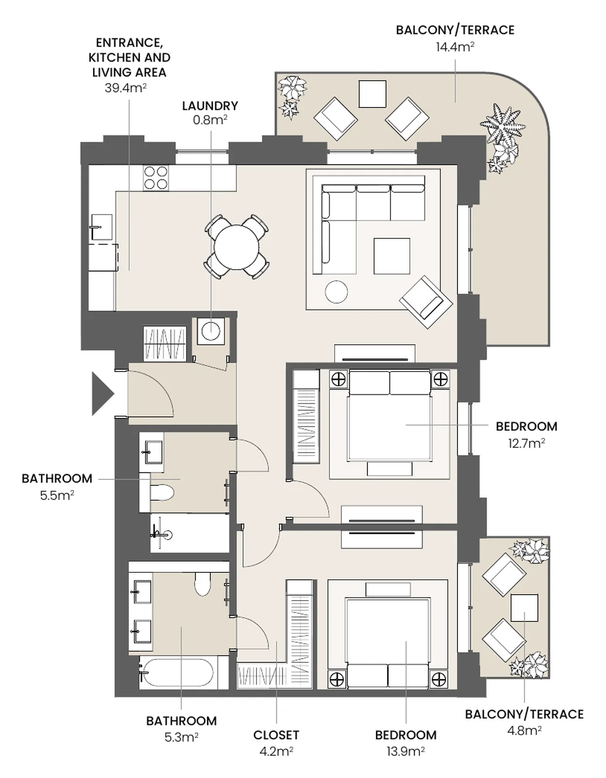 Riga Waterfront 2 bedrooms, 2 bedrooms, type 2.3D floor plan