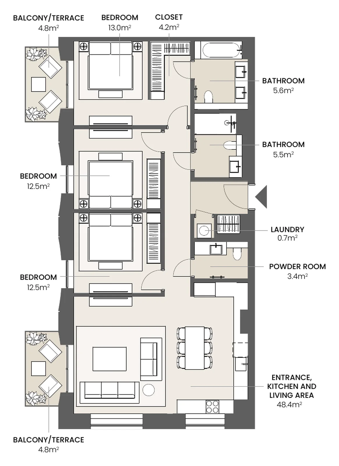 Riga Waterfront 3 bedrooms, 3 bedrooms, type 3.1A floor plan