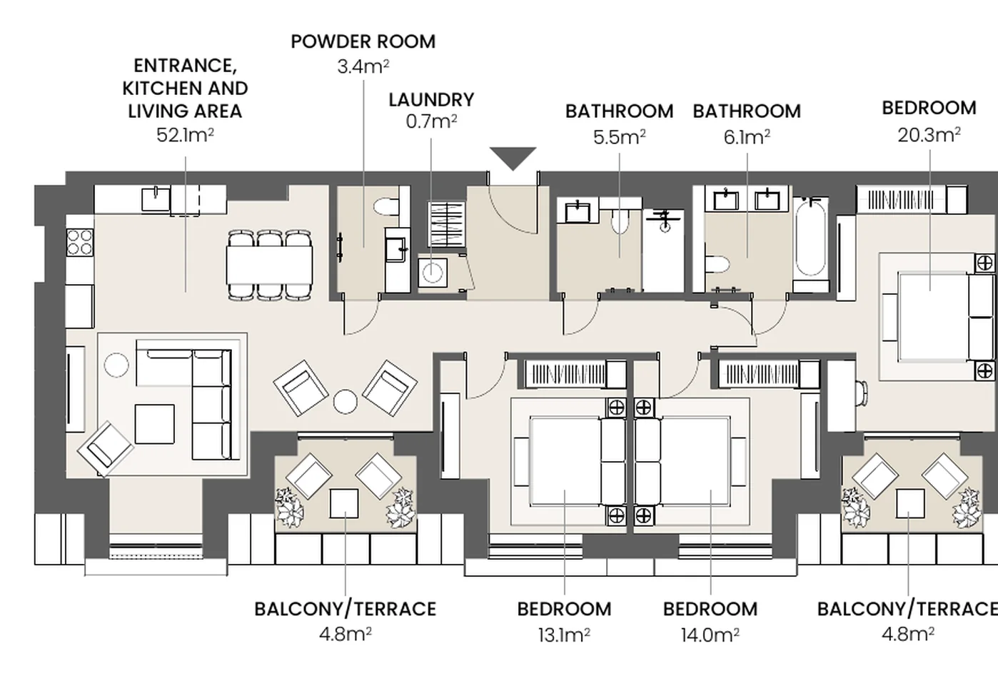Riga Waterfront 3 bedrooms, 3 bedrooms, type 3.3A floor plan