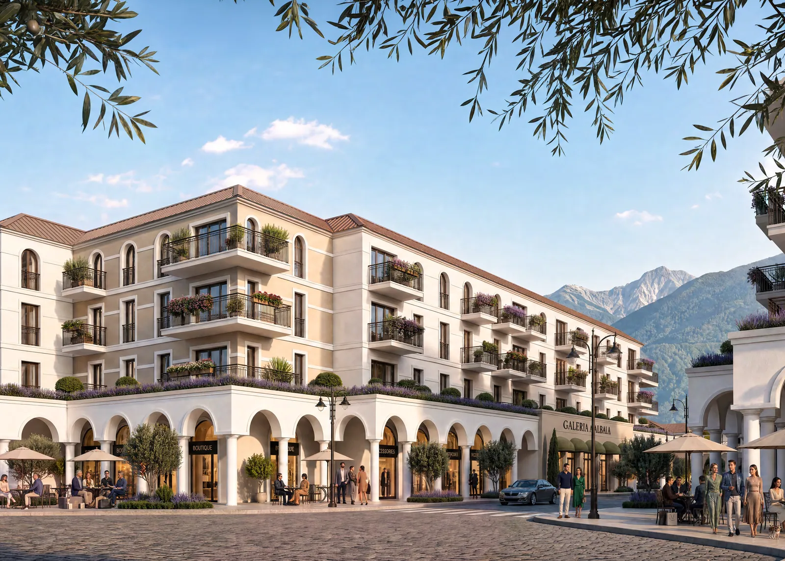 The Montis apartment buildings, with arcaded shops and cafés and the mountains beyond