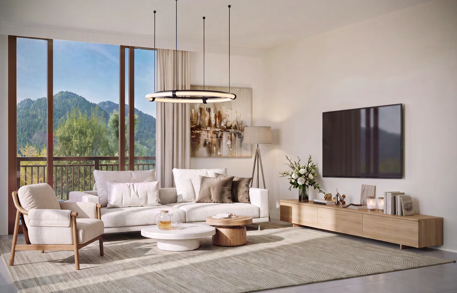 Living room in a The Montis apartment, with a mountain view