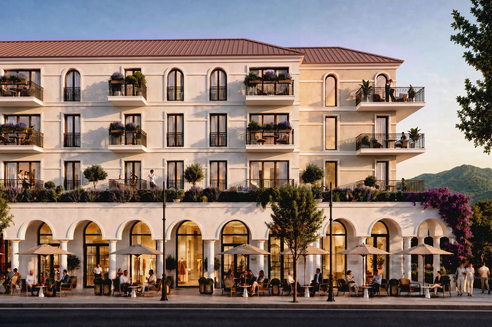 Apartments above the arcaded retail street at The Montis, at dusk