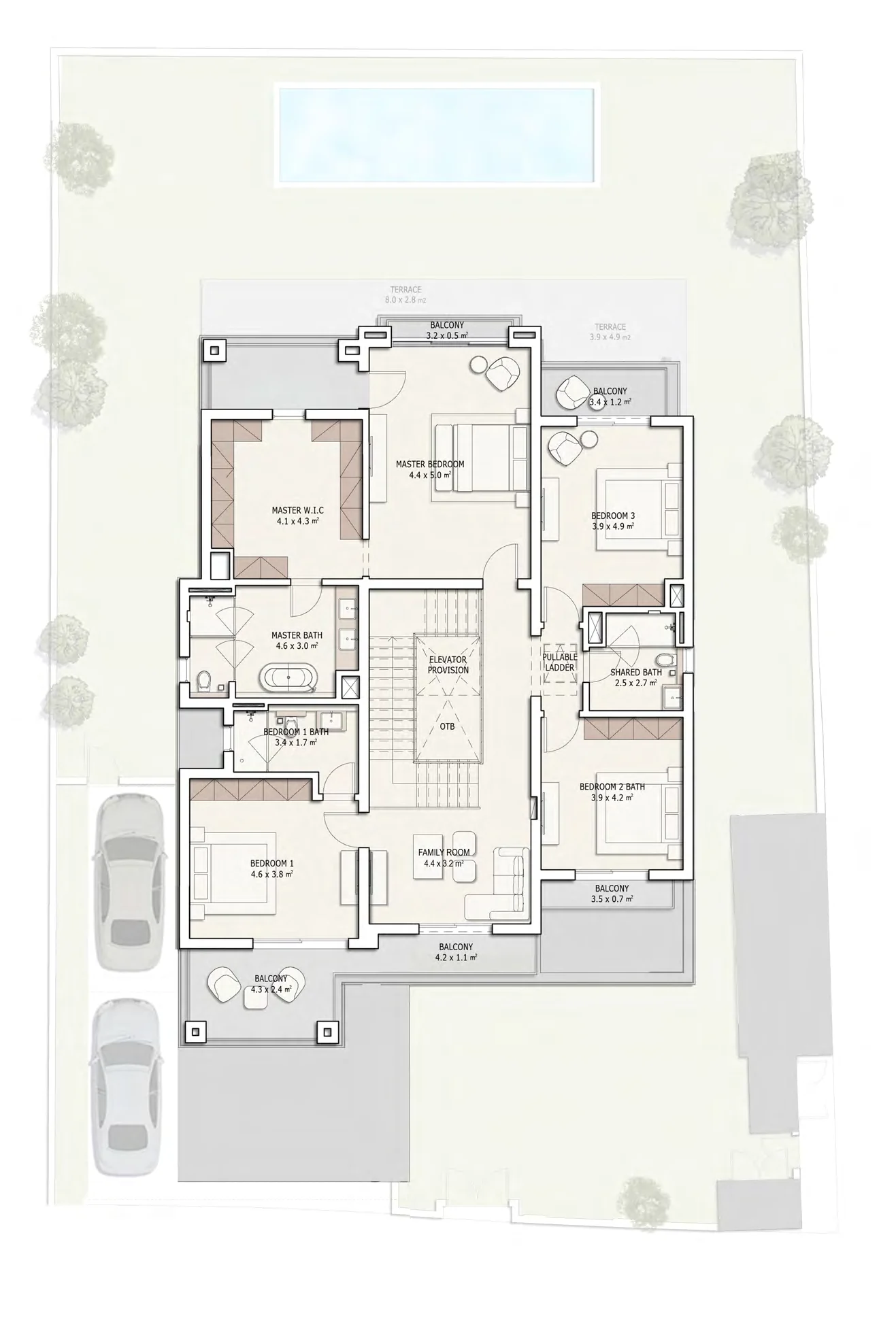 The Montis Aspen Villas, first floor floor plan with room sizes