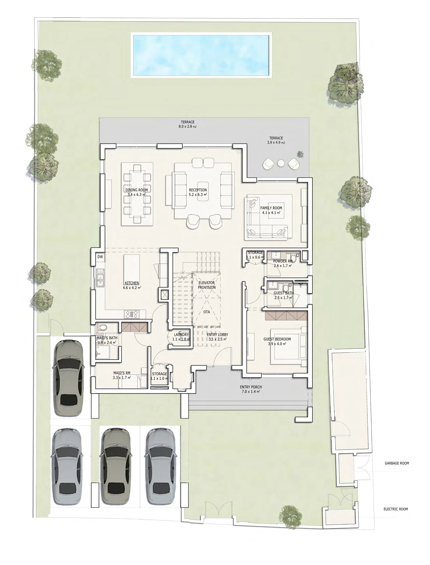 The Montis Aspen Villas, ground floor floor plan with room sizes
