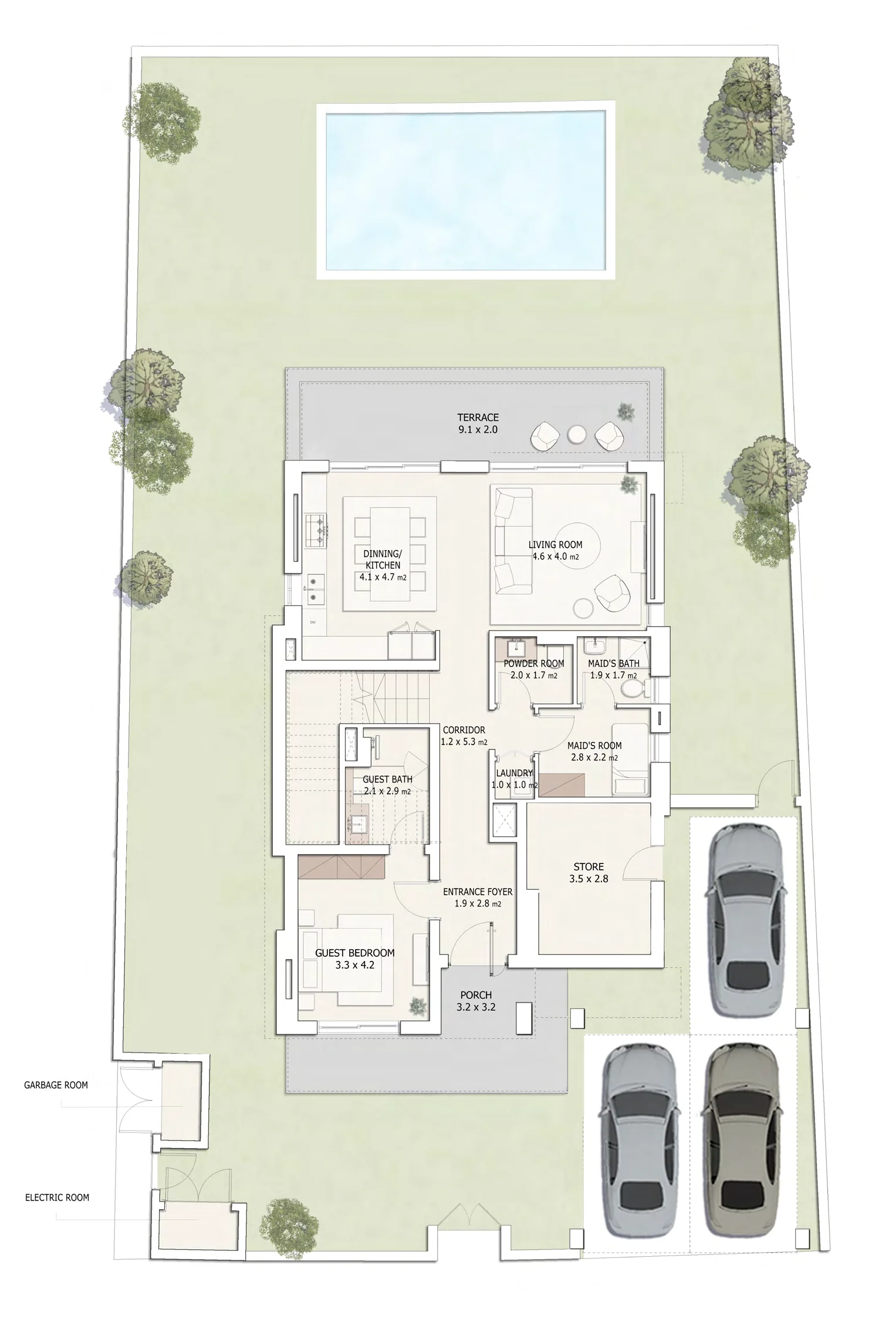 The Montis Grove Villas, first floor floor plan with room sizes