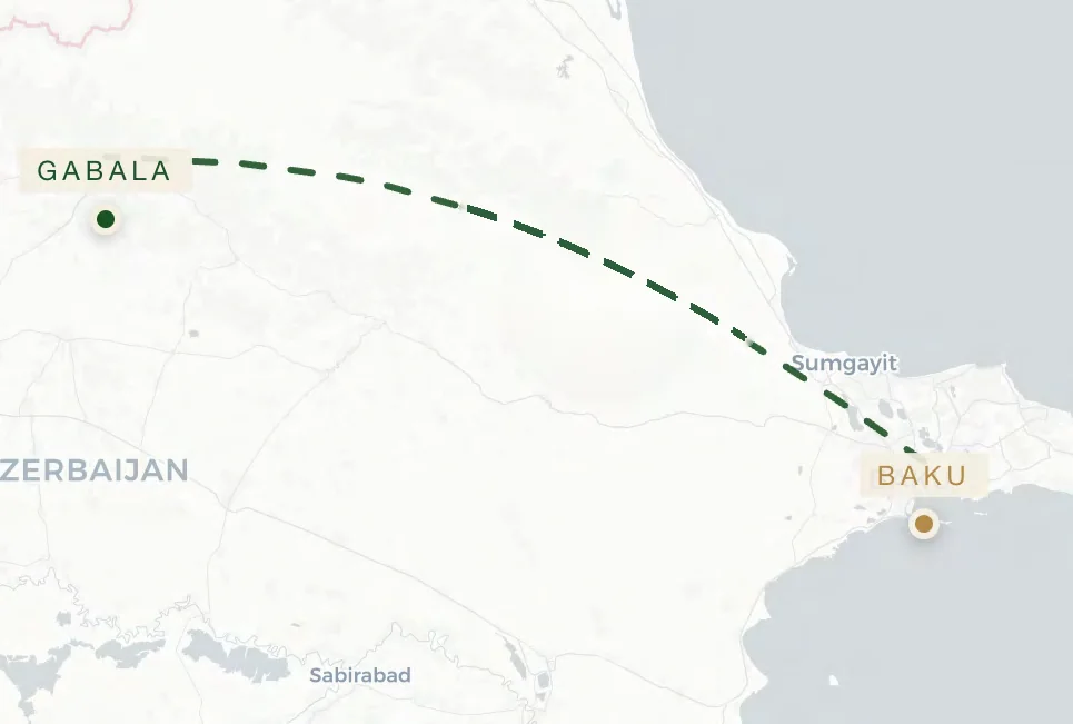 Map of Azerbaijan showing Gabala, in the north-west, and Baku on the Caspian coast