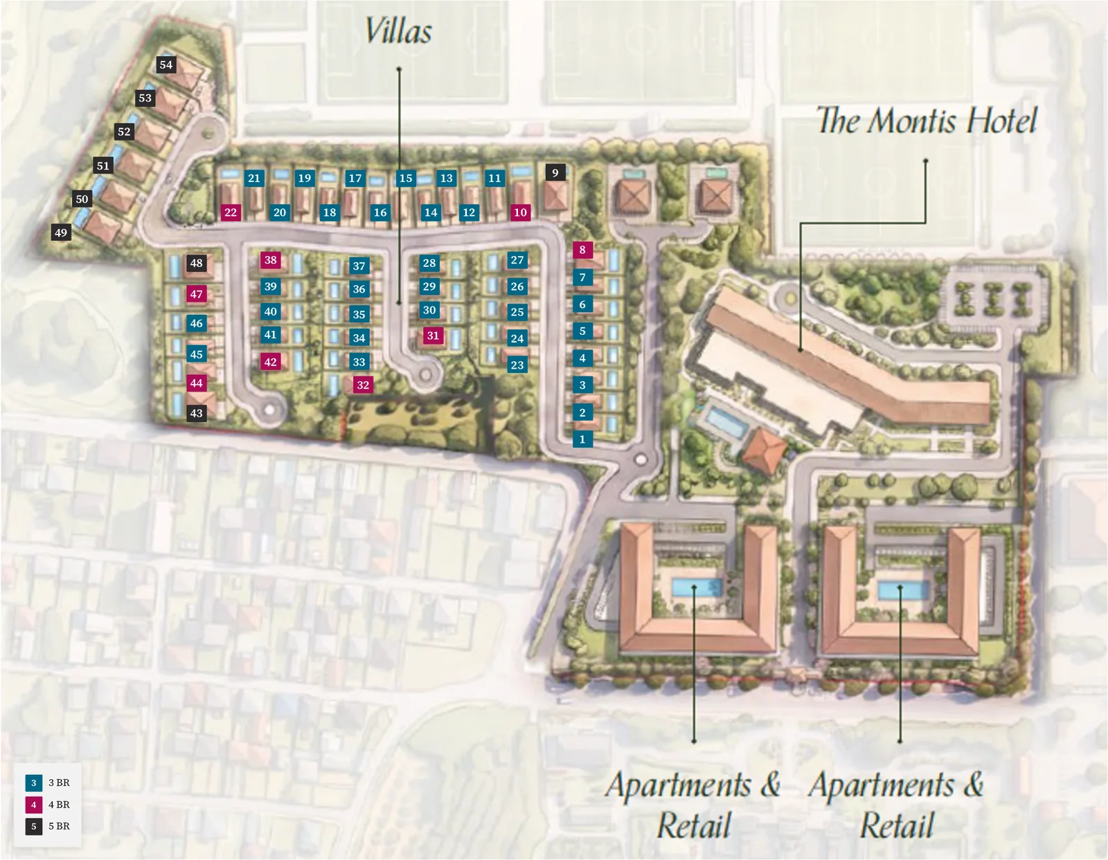 Masterplan of The Montis: 54 villas numbered by type (3, 4 and 5 bedrooms), The Montis Hotel and two apartment and retail buildings