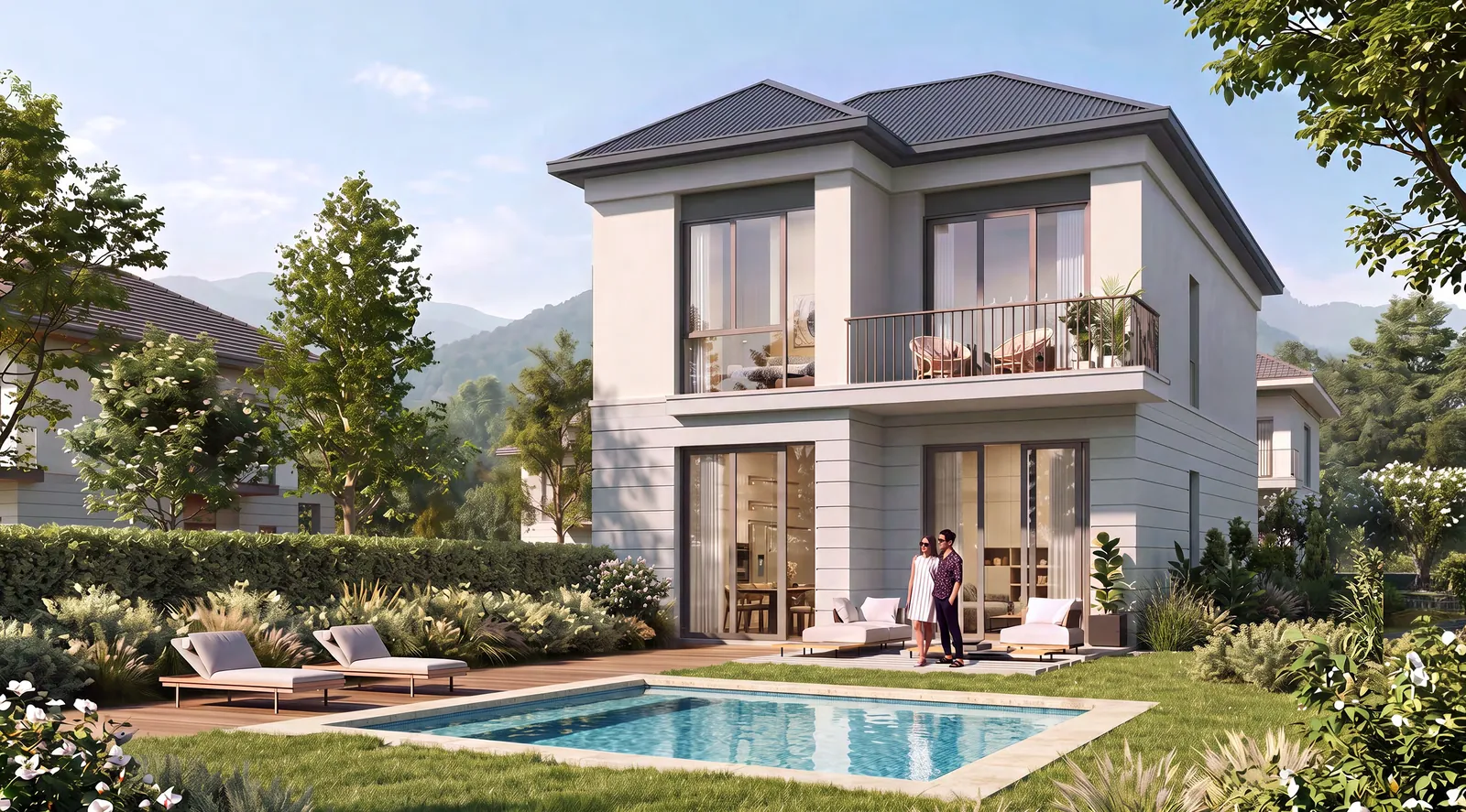 Sky, the three-bedroom villa at The Montis, with its pool and garden