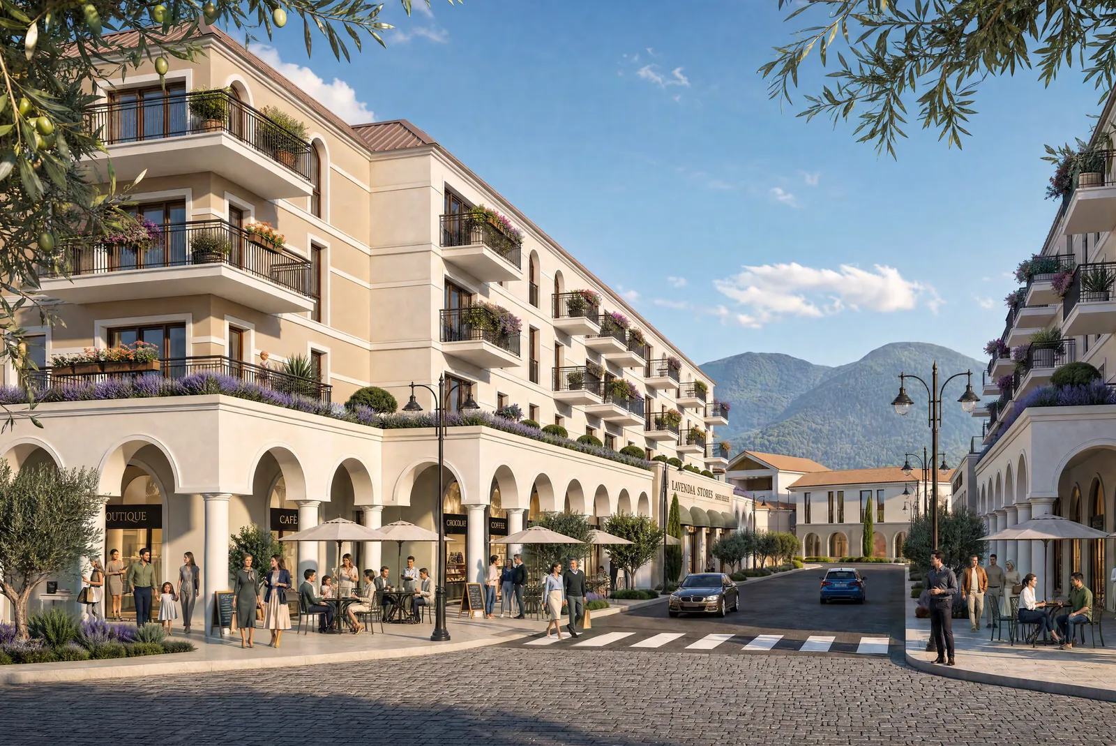 The main street of The Montis, with apartments, shops and mountain views