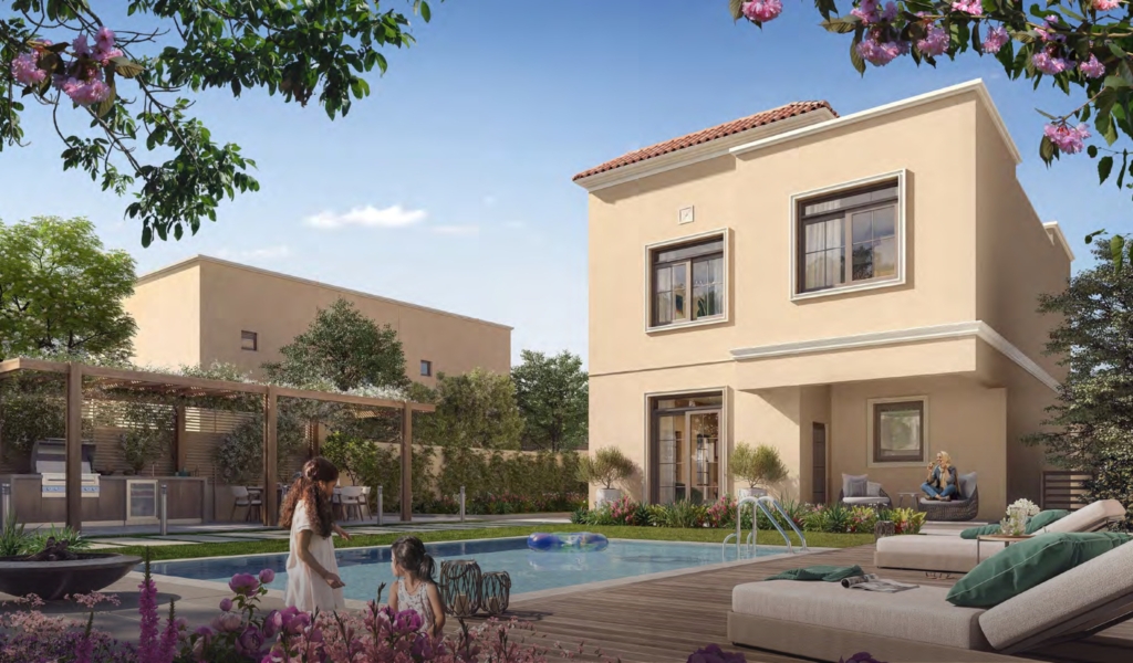 Private villa entrance with covered porch in Aldar Yas Park Views