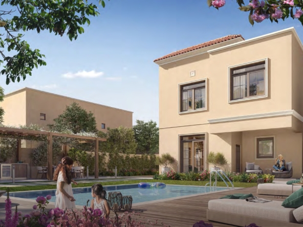 Private villa entrance with covered porch in Aldar Yas Park Views