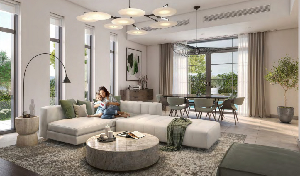 Spacious living room with large windows in Yas Park Views villa