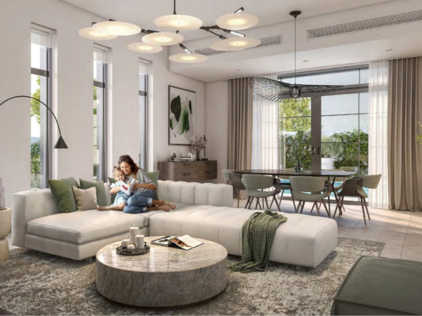 Spacious living room with large windows in Yas Park Views villa