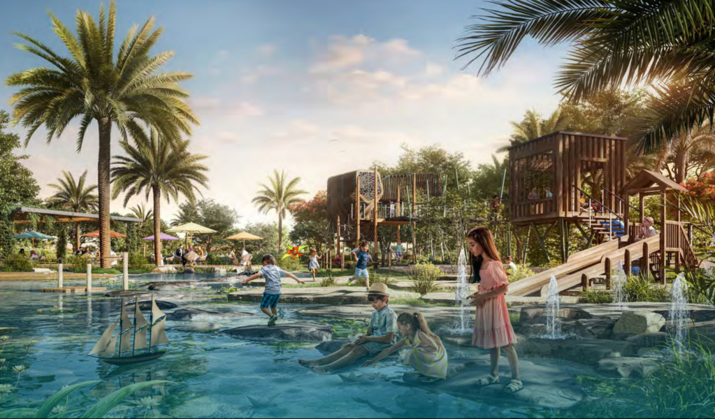 Central park in Yas Park Views community with walkways and seating