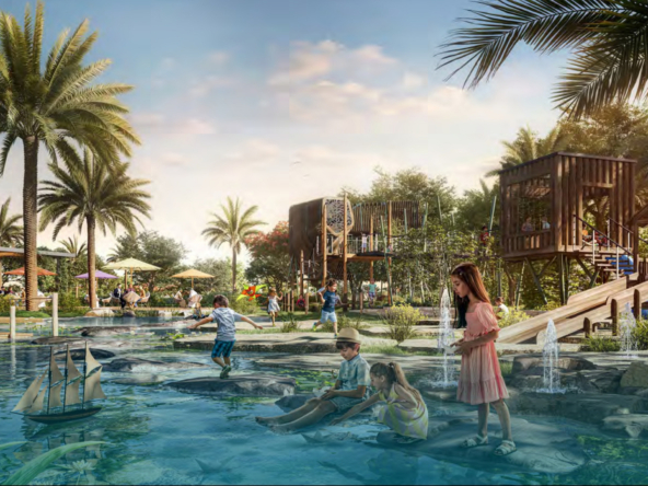 Central park in Yas Park Views community with walkways and seating