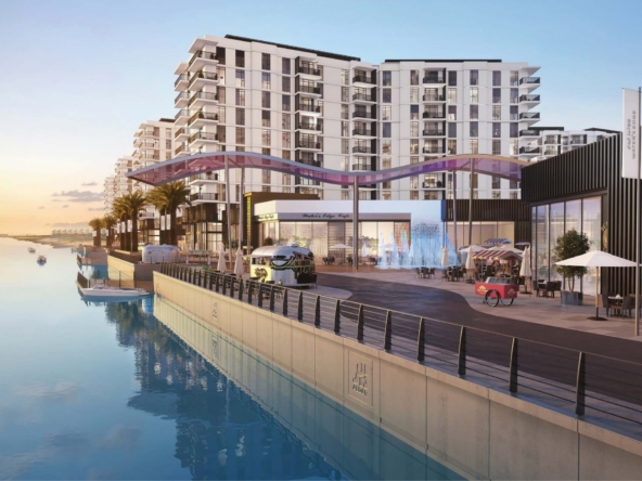 Partial canal and landscaped garden view from balcony of 2-bedroom apartment in Water’s Edge, Yas Island Abu Dhabi
