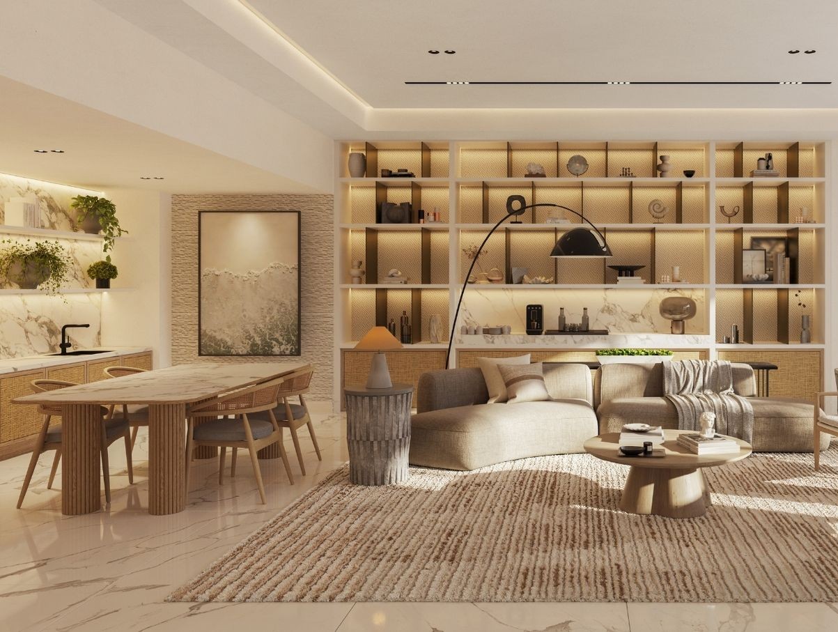 Biophilic décor and sea‑inspired design in a Fahid Island apartment lounge