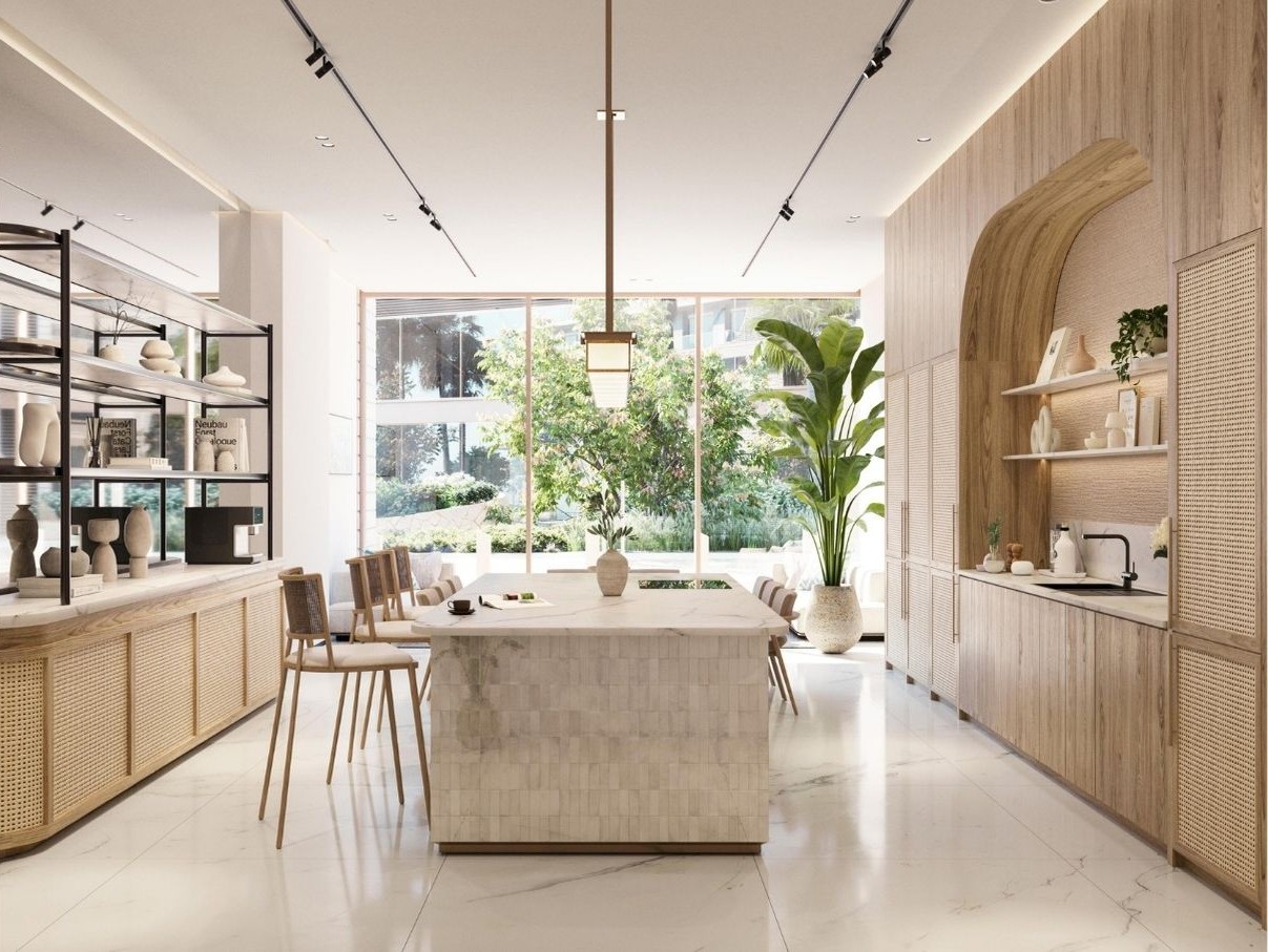 Elegant dining area with wooden table, six chairs and pendant lighting in Fahid Island residence.