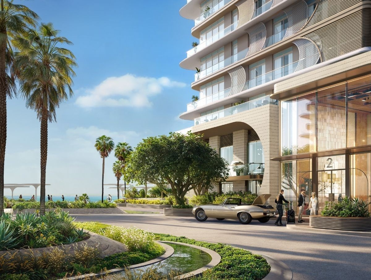 Modern architecture of Fahid Island villas with glass balconies and greenery