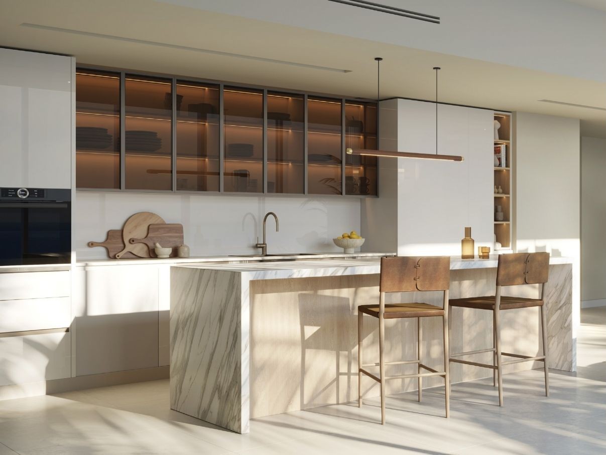 Contemporary kitchen with Italian‑branded cabinets in a Fahid Island apartment