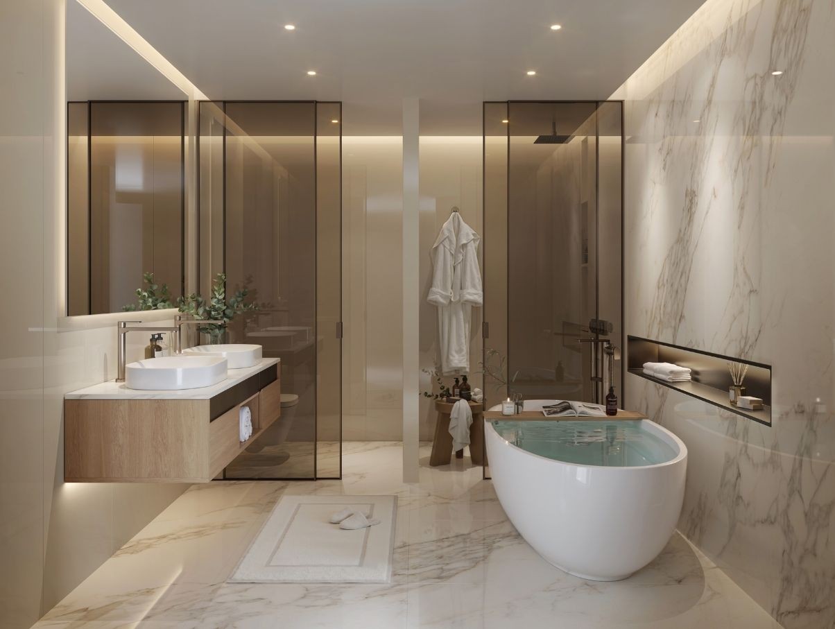 Marble bathroom with bathtub and glass shower in a Fahid Island apartment