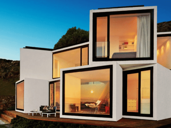 Modern luxury house with large glass windows and scenic hillside view, stylish architecture, and interior lighting, perfect for upscale real estate listings.