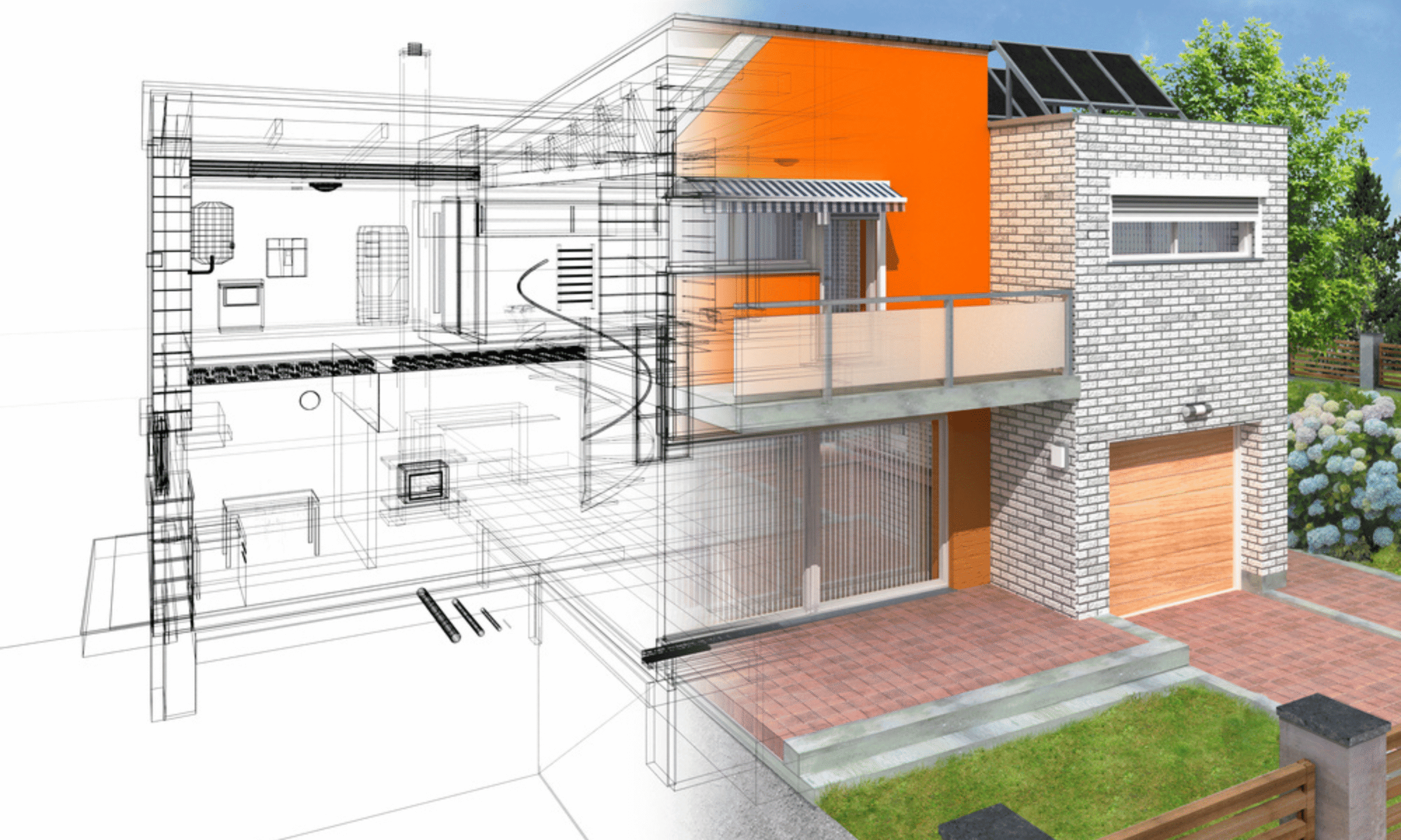 Modern residential house exterior with architectural design blending brick, wood, and glass elements, showcasing a contemporary home construction project with solar panels and lush landscaping.