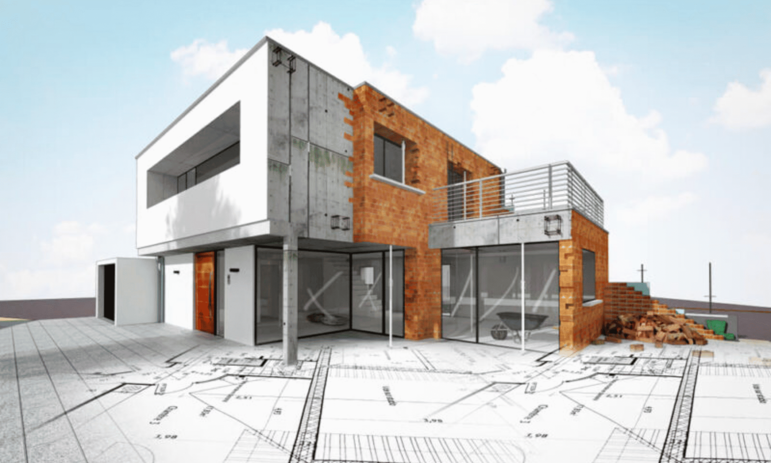 Modern architectural house under construction with mixed concrete, brick, and glass elements, representing contemporary real estate design by XIS Real Estate.