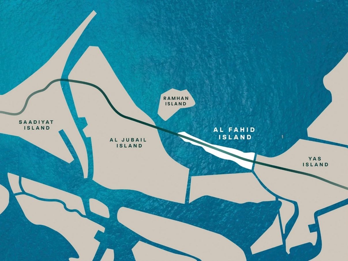 Map showing Fahid Island’s location near downtown Abu Dhabi and Saadiyat Island