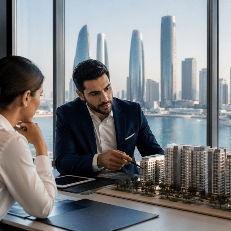 Real estate advisor consulting a property buyer in Abu Dhabi, illustrating how to choose the right real estate agency and property investment strategy.